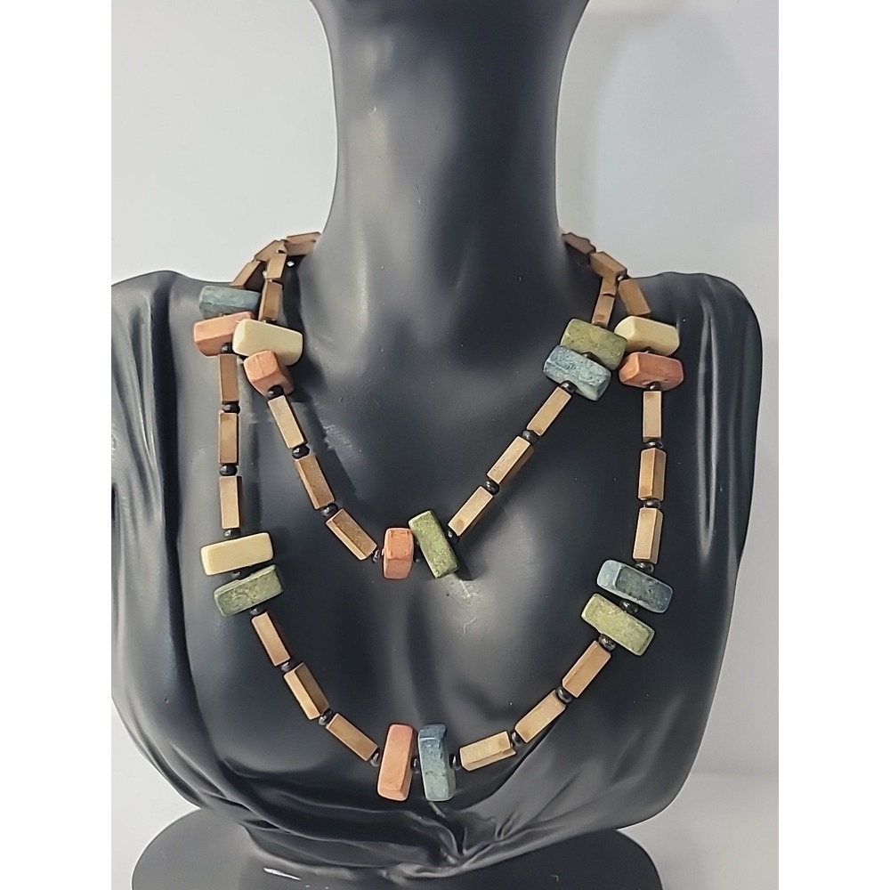 Boho Beaded necklace Rectangular Beads Earth Tone Tribal Jewelry